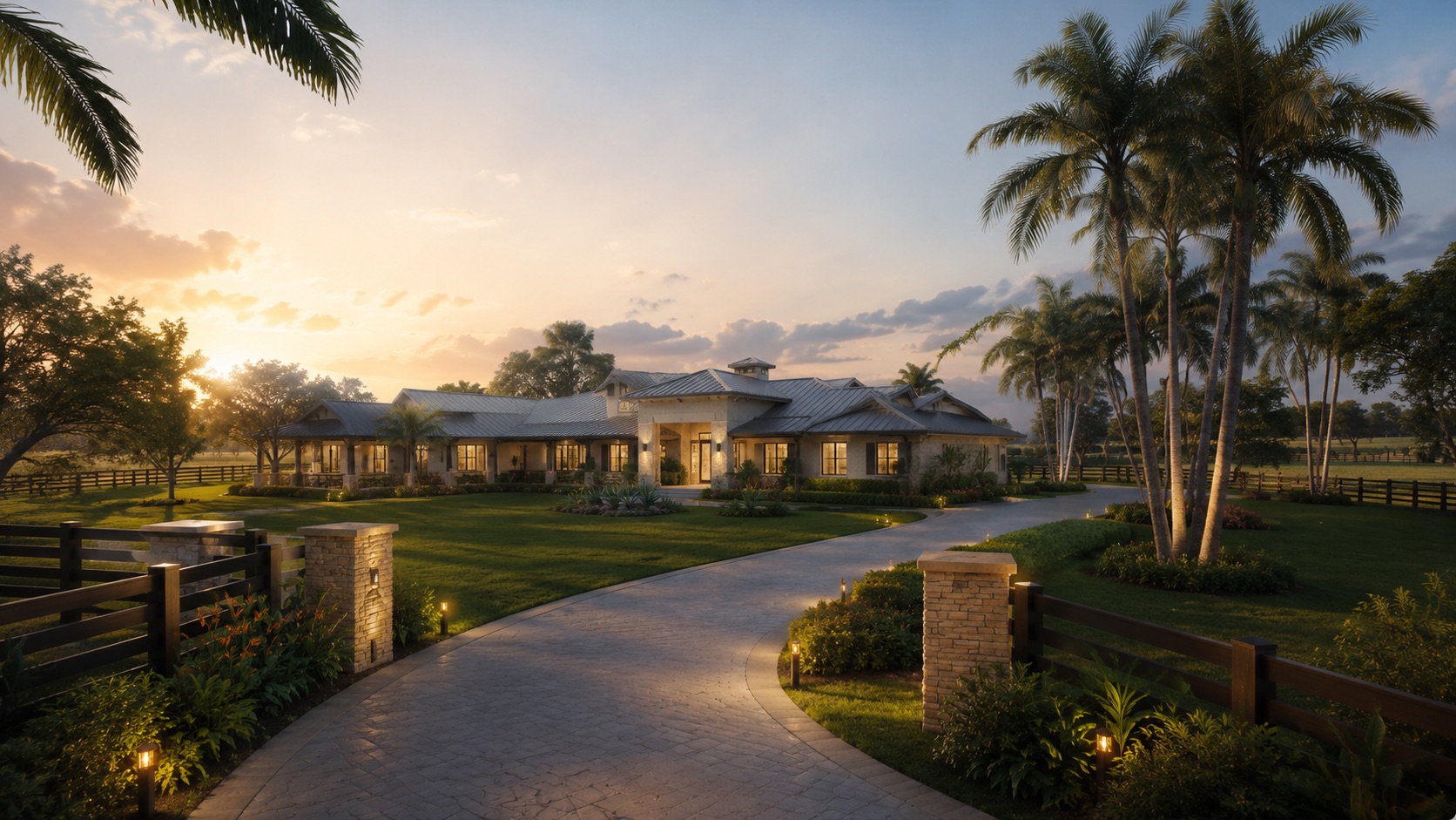 Luxury ranch estate at dusk