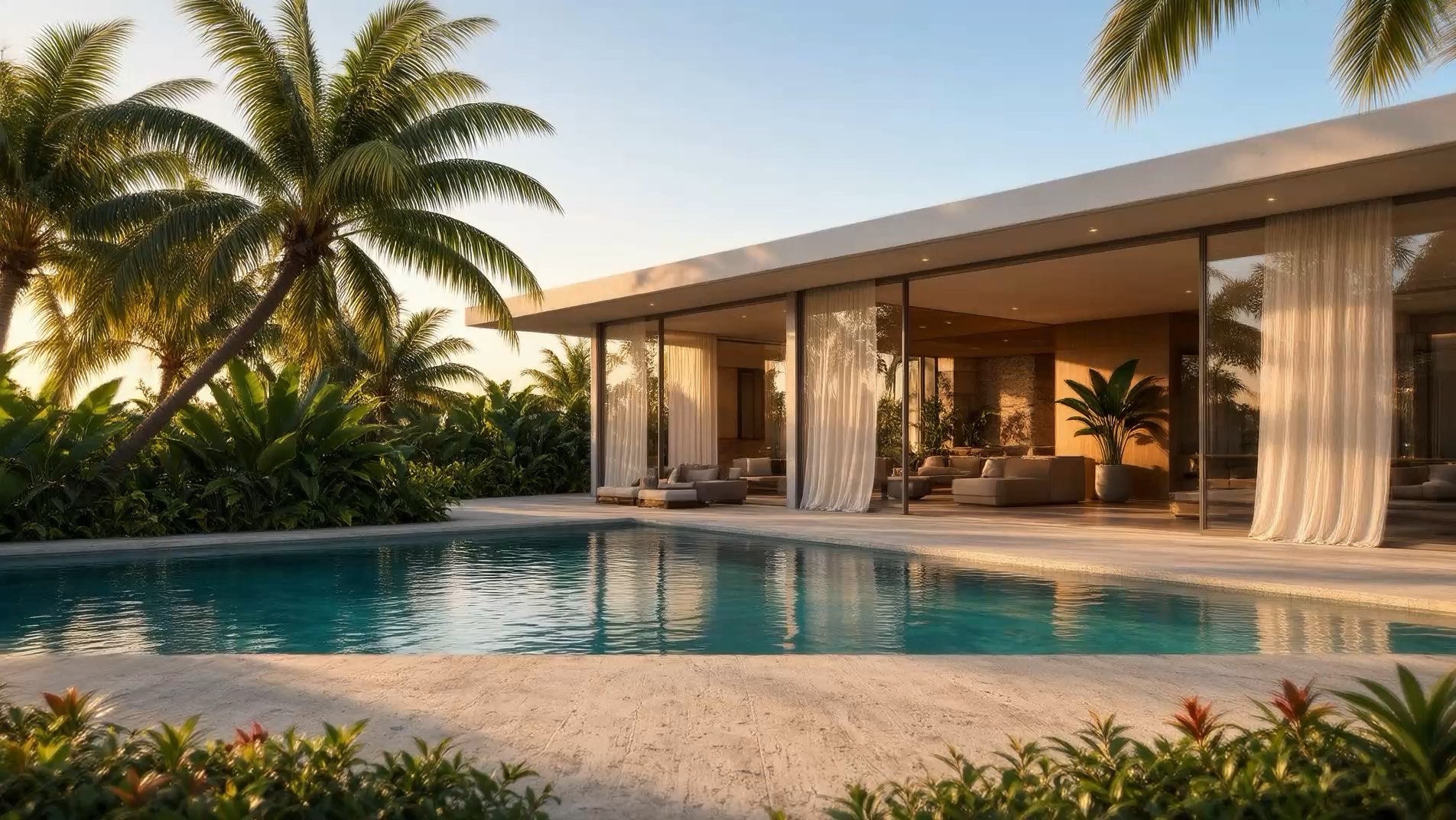 Casa moderna de una planta con piscina, palmeras y cortinas claras al atardecer