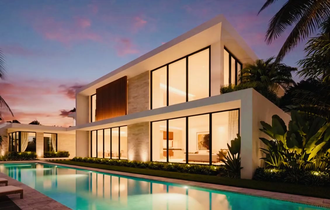 Modern luxury waterfront residence at dusk with a lit pool and palms